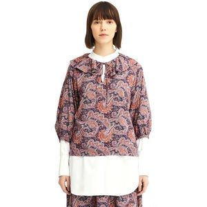 UNIQLO JW ANDERSON WOMEN BLUE PAISLEY RUFFLE NECK 3/4 SLEEVE BLOUSE NWT SIZE S